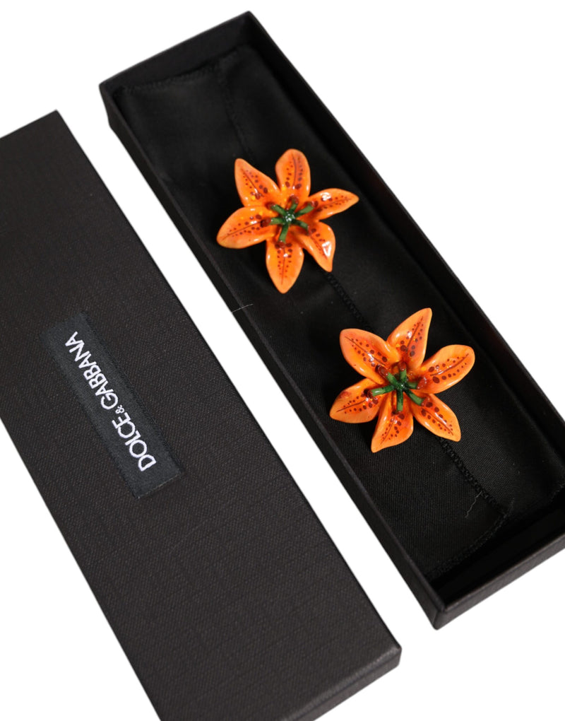 Orange Green Gold Brass Lily Flower Clip Floral Earrings Dolce & Gabbana