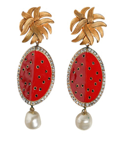 Red Watermelon Gold Brass Crystal Clip Dangling Earrings Dolce & Gabbana