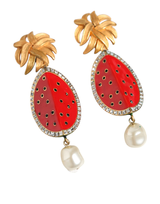 Red Watermelon Gold Brass Crystal Clip Dangling Earrings Dolce & Gabbana