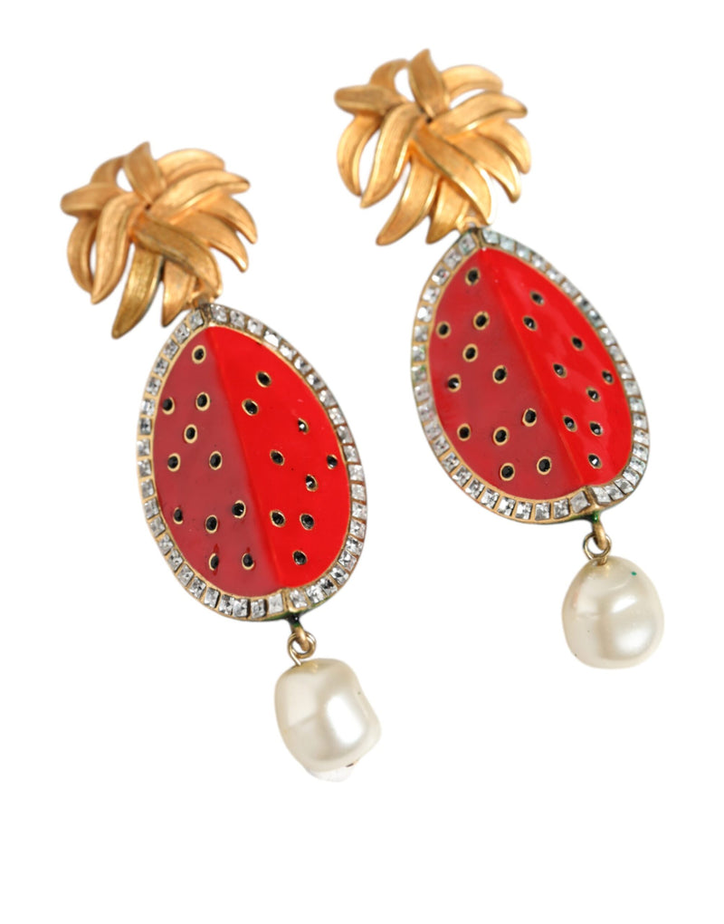 Red Watermelon Gold Brass Crystal Clip Dangling Earrings Dolce & Gabbana