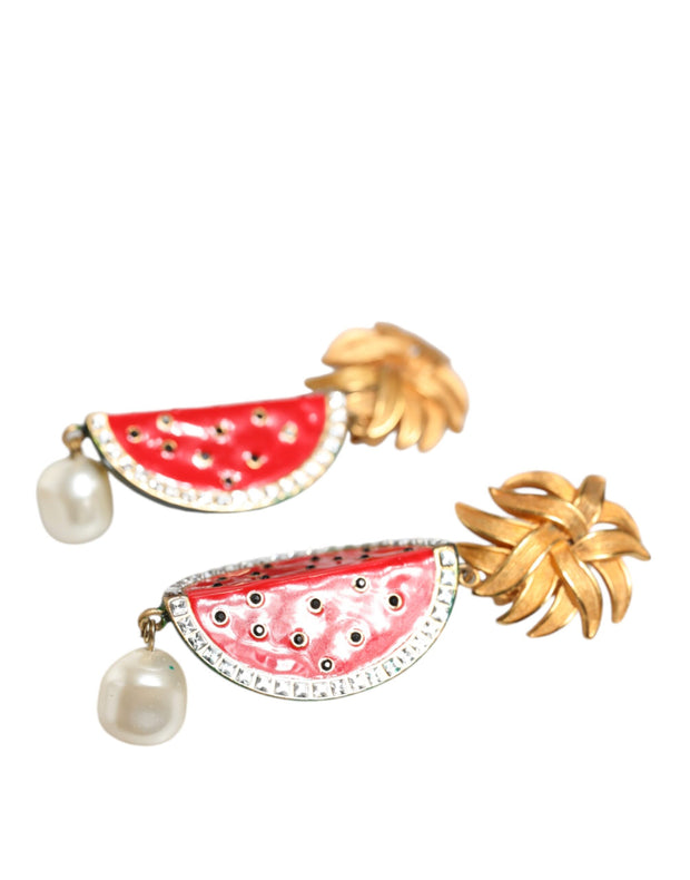 Red Watermelon Gold Brass Crystal Clip Dangling Earrings Dolce & Gabbana