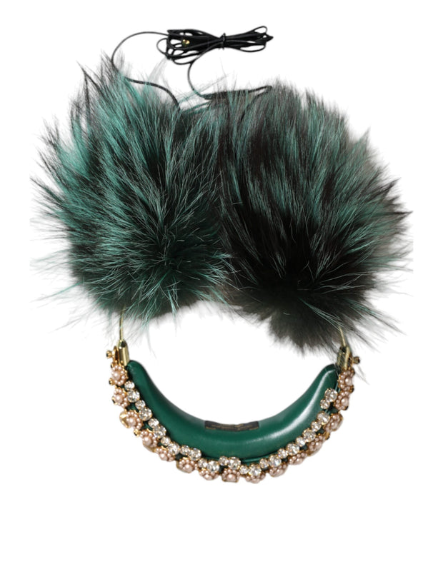 Green Gold Crystal Fur Headset Audio AUX Headphones Dolce & Gabbana