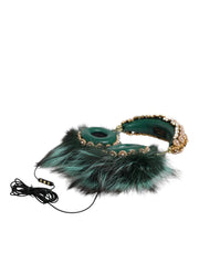 Green Gold Crystal Fur Headset Audio AUX Headphones Dolce & Gabbana