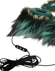 Green Gold Crystal Fur Headset Audio AUX Headphones Dolce & Gabbana