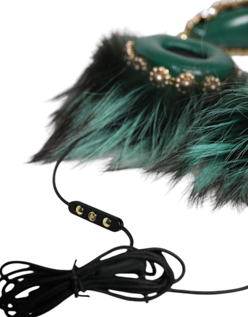 Green Gold Crystal Fur Headset Audio AUX Headphones Dolce & Gabbana