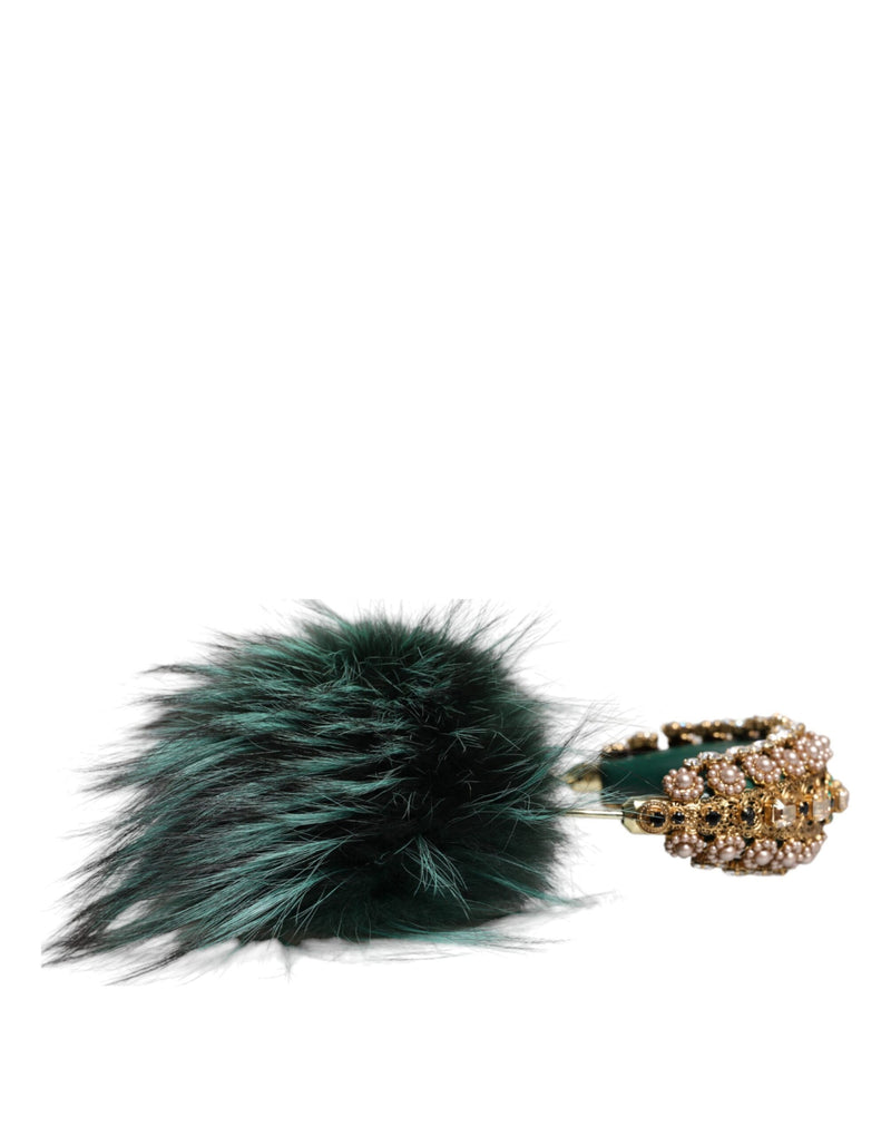 Green Gold Crystal Fur Headset Audio AUX Headphones Dolce & Gabbana