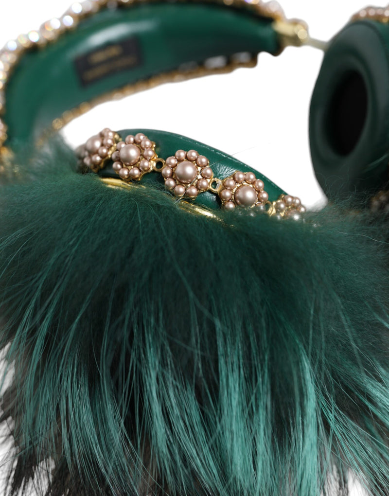 Green Gold Crystal Fur Headset Audio AUX Headphones Dolce & Gabbana