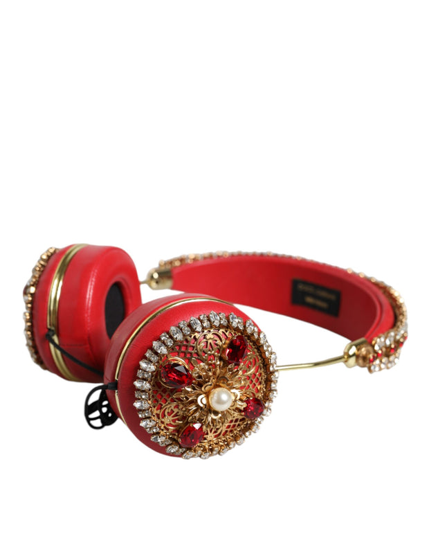 Red Nappa Leather Floral Crystal Headphone Dolce & Gabbana