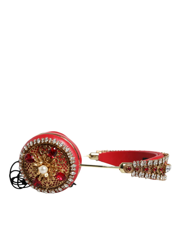 Red Nappa Leather Floral Crystal Headphone Dolce & Gabbana