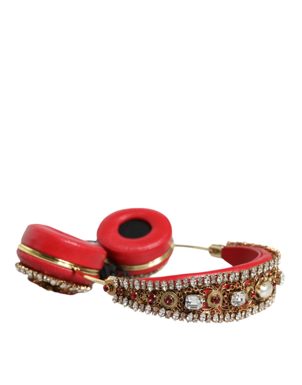 Red Nappa Leather Floral Crystal Headphone Dolce & Gabbana