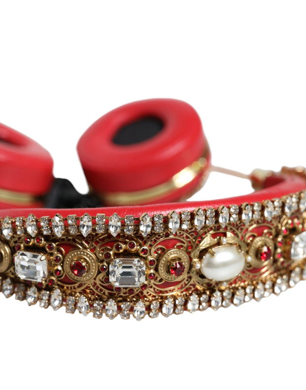 Red Nappa Leather Floral Crystal Headphone Dolce & Gabbana