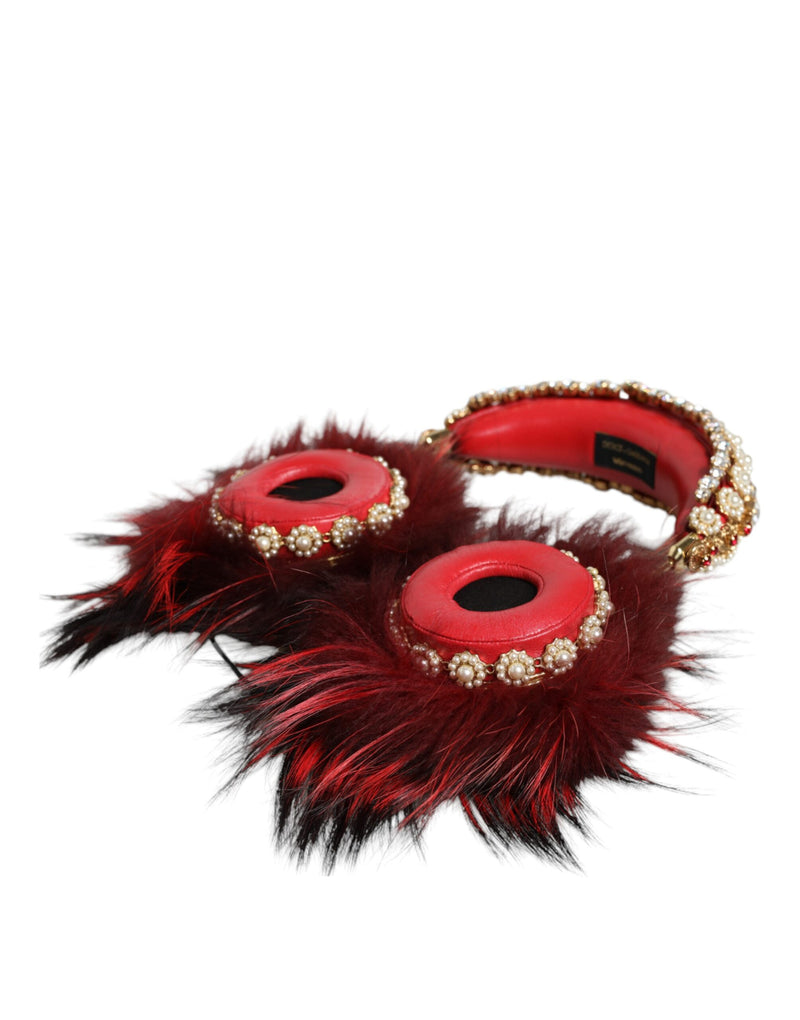 Red Gold Crystal Fur Headset Audio AUX Headphones Dolce & Gabbana