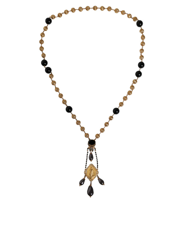 Gold Chain Brass Black Beaded Rosary Style Necklace Dolce & Gabbana