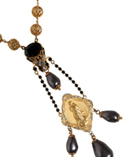 Gold Chain Brass Black Beaded Rosary Style Necklace Dolce & Gabbana