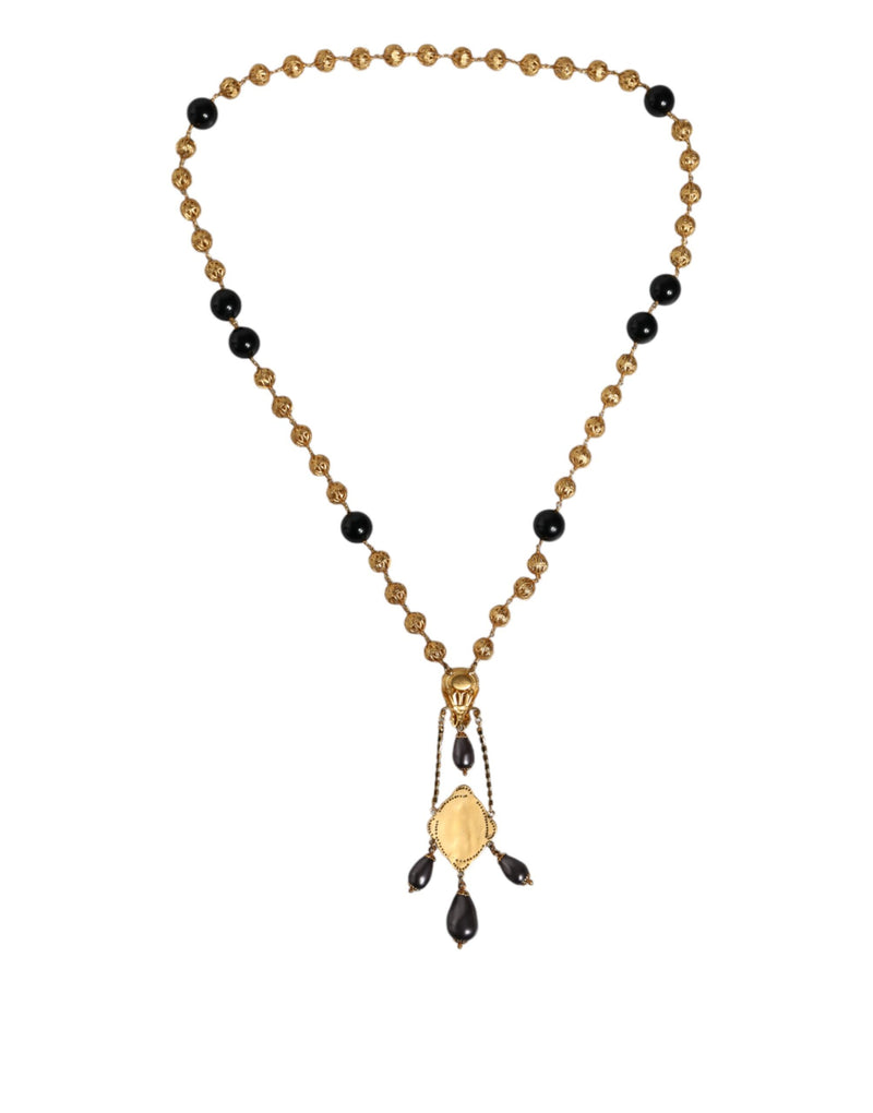 Gold Chain Brass Black Beaded Rosary Style Necklace Dolce & Gabbana