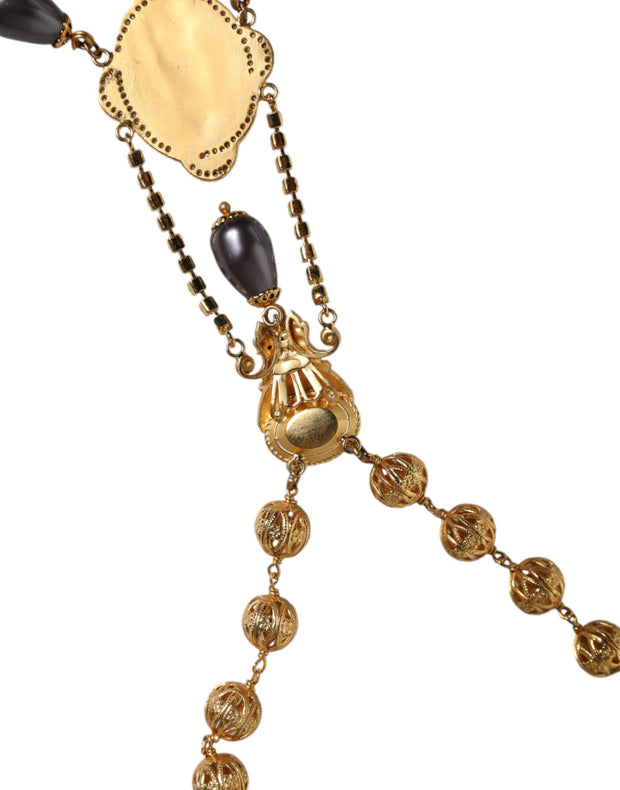 Gold Chain Brass Black Beaded Rosary Style Necklace Dolce & Gabbana