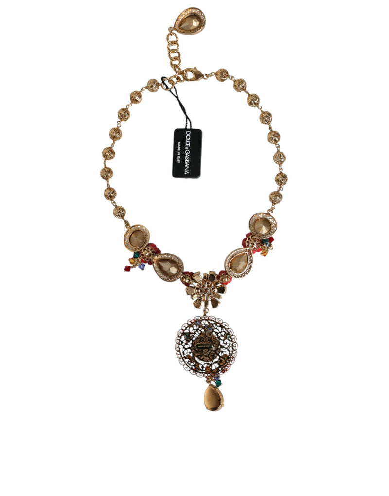 Gold Tone Brass Embellished Ball Chain Statement Necklace Dolce & Gabbana