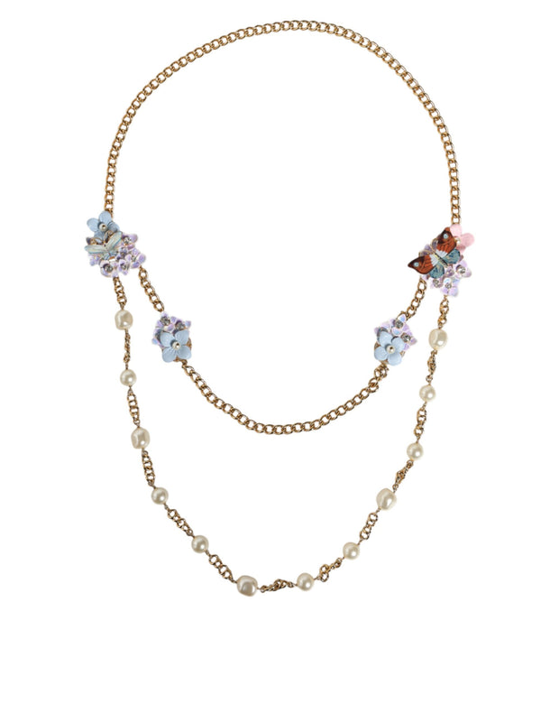 Gold Chain Brass Floral Layered Crystal Pearl Necklace Dolce & Gabbana