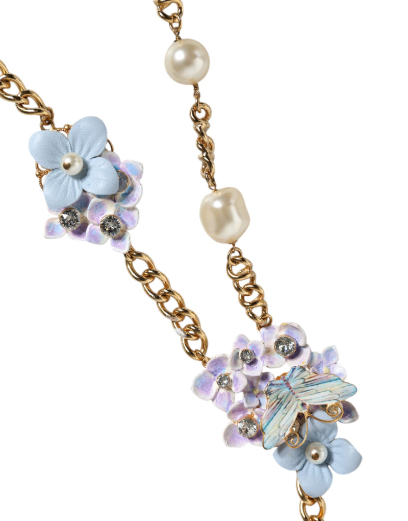 Gold Chain Brass Floral Layered Crystal Pearl Necklace Dolce & Gabbana