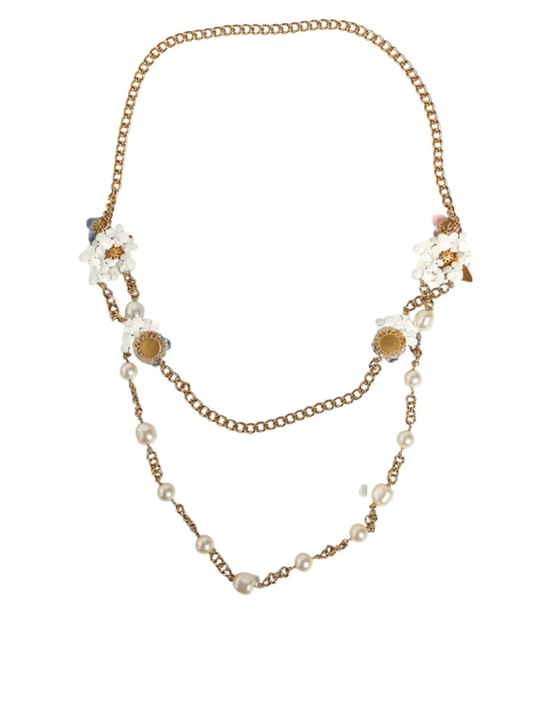 Gold Chain Brass Floral Layered Crystal Pearl Necklace Dolce & Gabbana