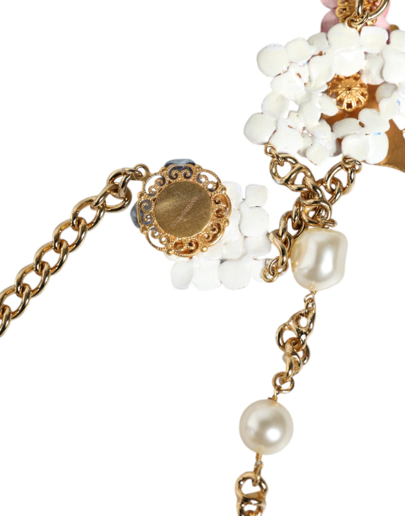 Gold Chain Brass Floral Layered Crystal Pearl Necklace Dolce & Gabbana