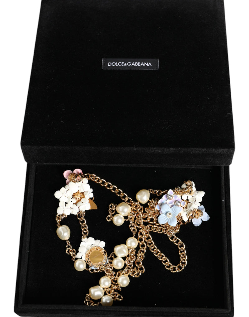 Gold Chain Brass Floral Layered Crystal Pearl Necklace Dolce & Gabbana