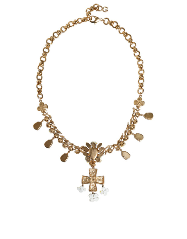 Gold Brass Chain Floral Crystal Cross Pendant Necklace Dolce & Gabbana