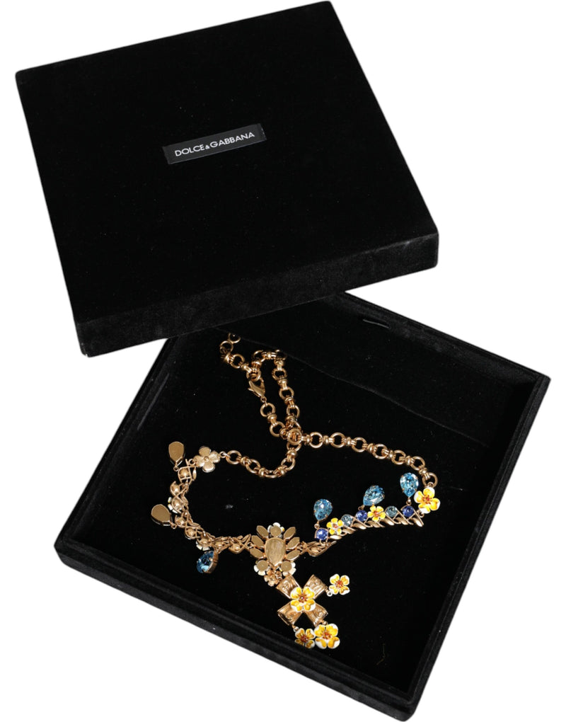 Gold Brass Chain Floral Crystal Cross Pendant Necklace Dolce & Gabbana