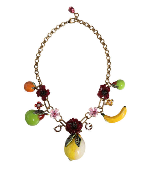 Gold Brass FRUIT Pendants Flowers Crystal Logo Necklace Dolce & Gabbana