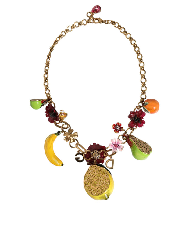 Gold Brass FRUIT Pendants Flowers Crystal Logo Necklace Dolce & Gabbana