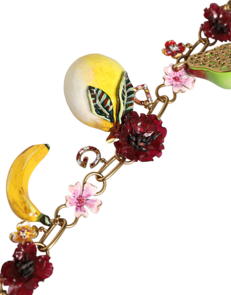 Gold Brass FRUIT Pendants Flowers Crystal Logo Necklace Dolce & Gabbana