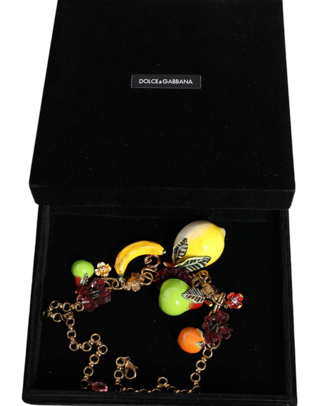 Gold Brass FRUIT Pendants Flowers Crystal Logo Necklace Dolce & Gabbana