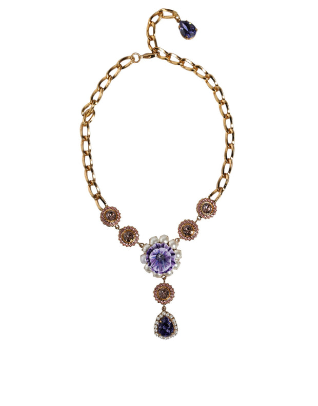 Gold Brass Crystal Purple Pink Pearl Pendants Necklace Dolce & Gabbana