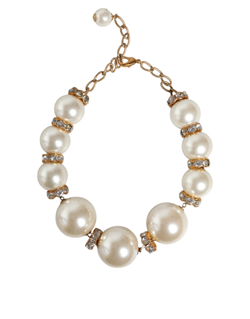 White Maxi Faux Pearl Beads Crystals Gold Chain Necklace Dolce & Gabbana