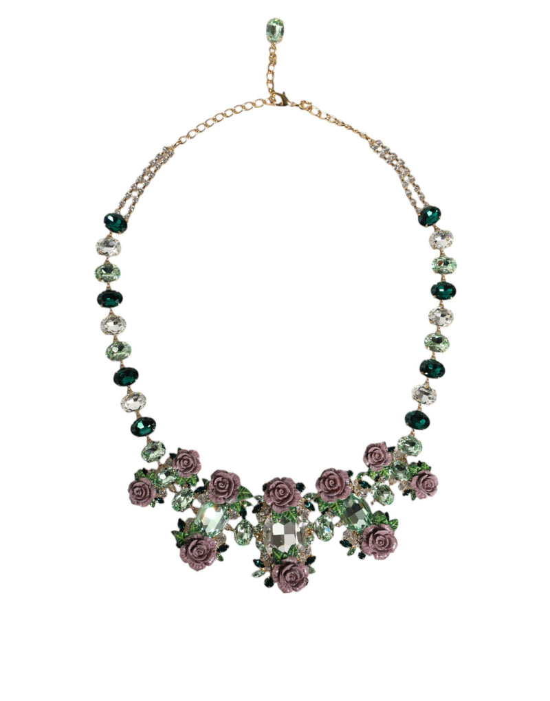 Gold Brass Link Chain Rose Petal Crystal Embellished Necklace Dolce & Gabbana