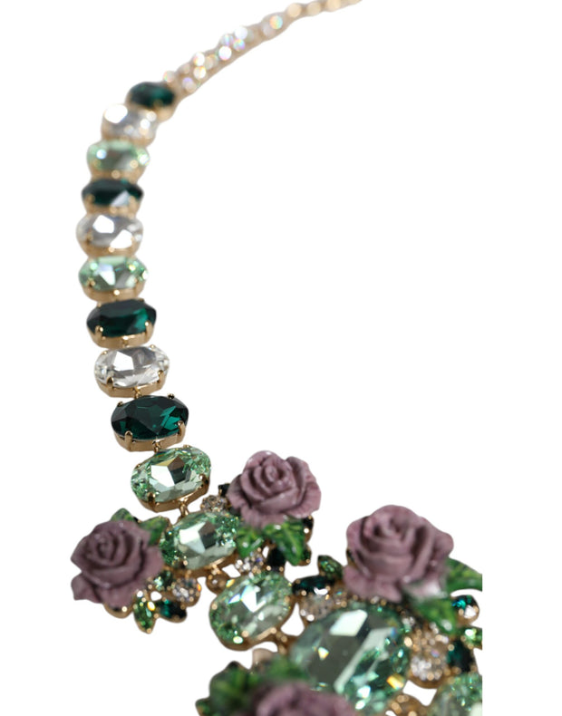 Gold Brass Link Chain Rose Petal Crystal Embellished Necklace Dolce & Gabbana