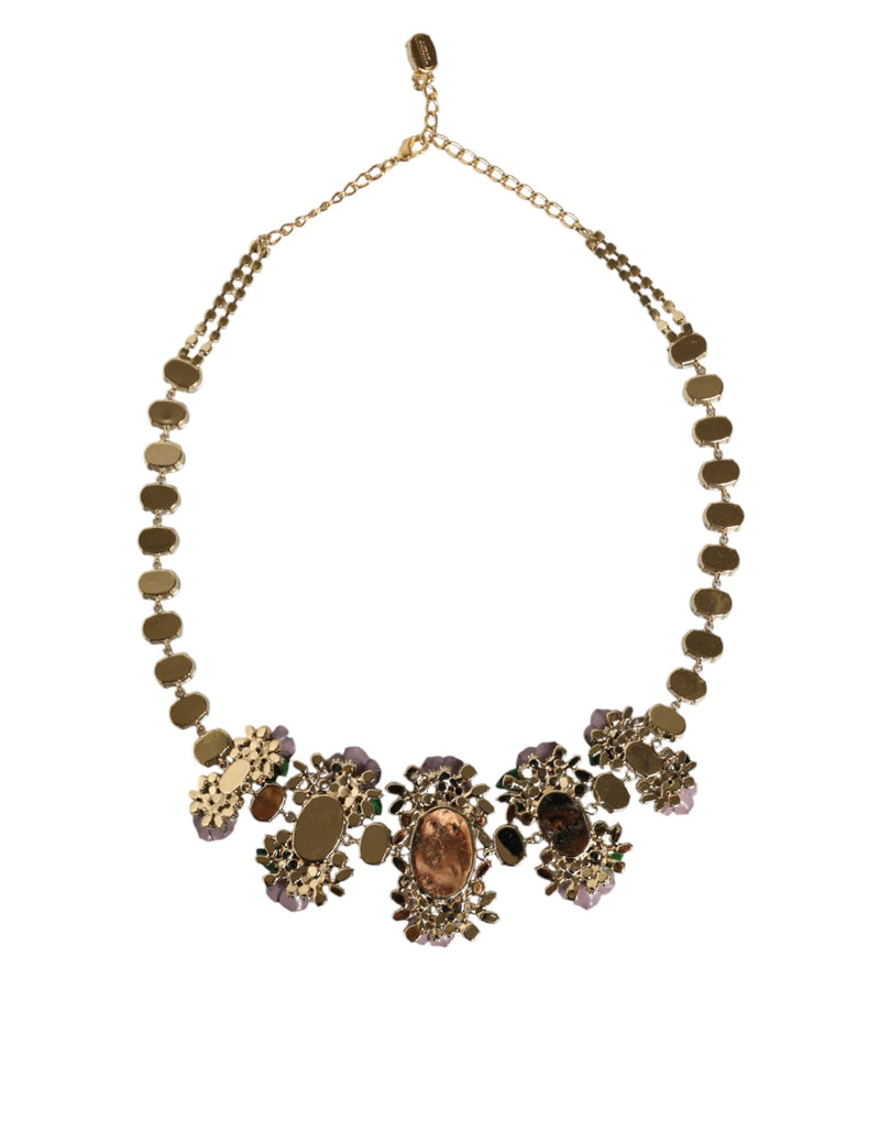 Gold Brass Link Chain Rose Petal Crystal Embellished Necklace Dolce & Gabbana