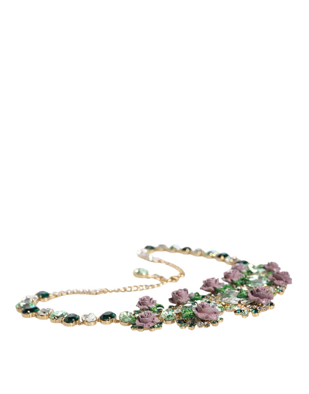 Gold Brass Link Chain Rose Petal Crystal Embellished Necklace Dolce & Gabbana