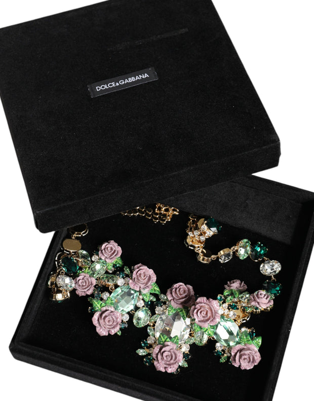 Gold Brass Link Chain Rose Petal Crystal Embellished Necklace Dolce & Gabbana