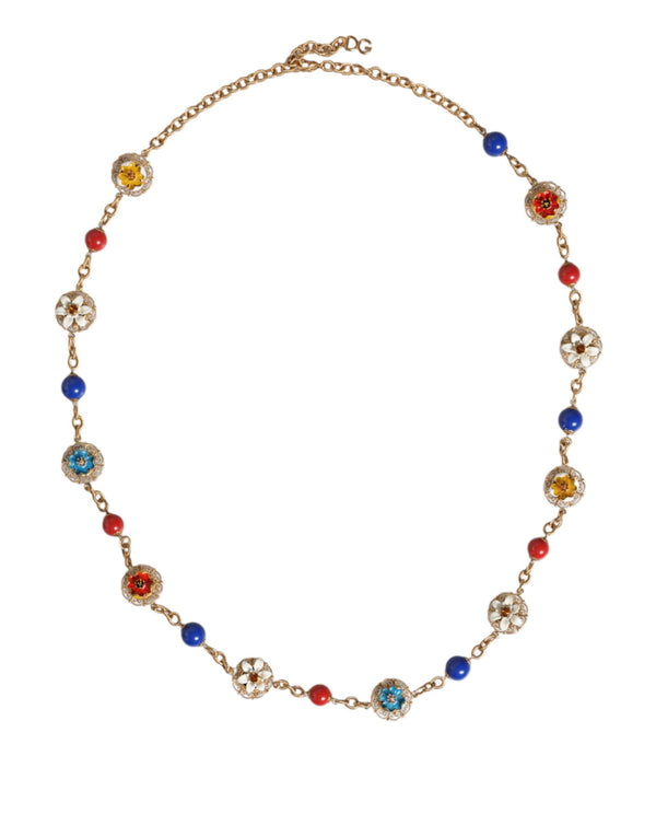 Gold Tone Brass Chain Floral Crystal Beaded Necklace Dolce & Gabbana