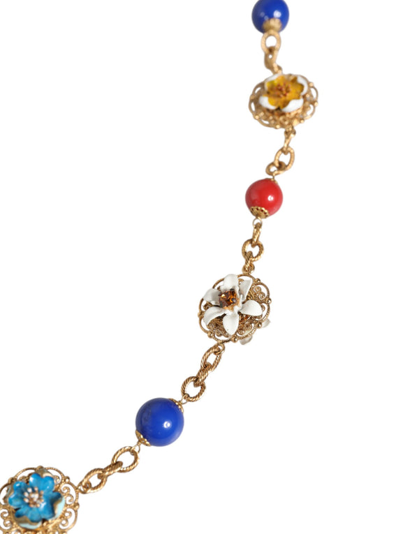 Gold Tone Brass Chain Floral Crystal Beaded Necklace Dolce & Gabbana