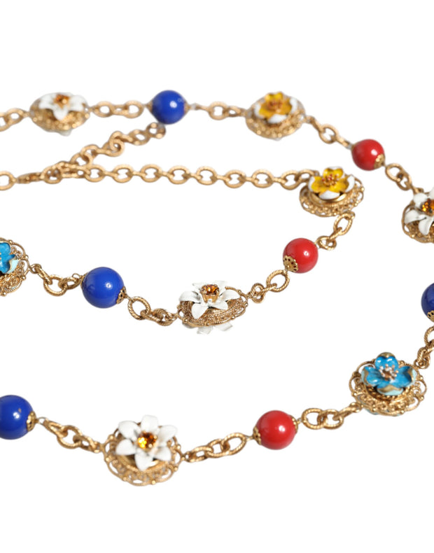 Gold Tone Brass Chain Floral Crystal Beaded Necklace Dolce & Gabbana