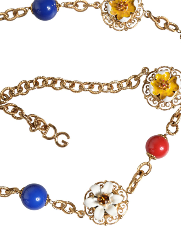 Gold Tone Brass Chain Floral Crystal Beaded Necklace Dolce & Gabbana