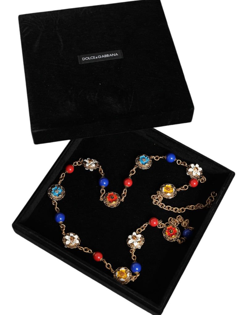 Gold Tone Brass Chain Floral Crystal Beaded Necklace Dolce & Gabbana