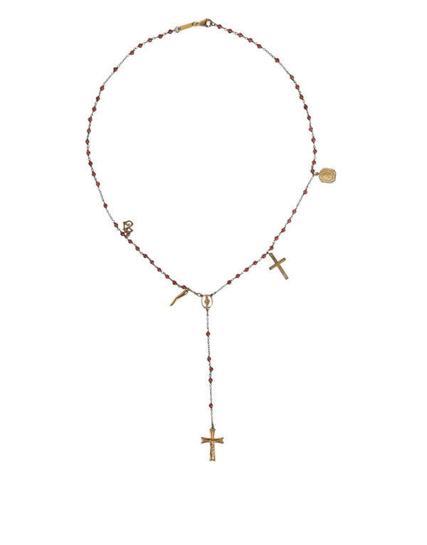 Gold Chain Brass Beaded Rosary Cross Pendant Necklace Dolce & Gabbana