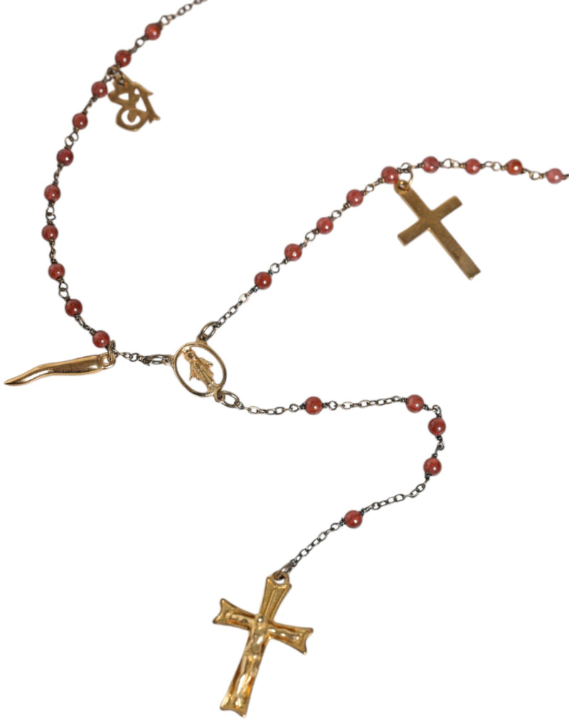 Gold Chain Brass Beaded Rosary Cross Pendant Necklace Dolce & Gabbana