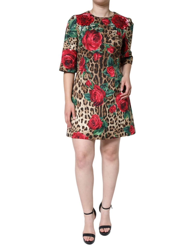 Brown Leopard Red Roses Cotton A-line Dress Dolce & Gabbana