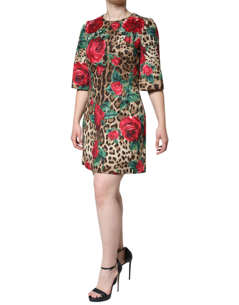 Brown Leopard Red Roses Cotton A-line Dress Dolce & Gabbana