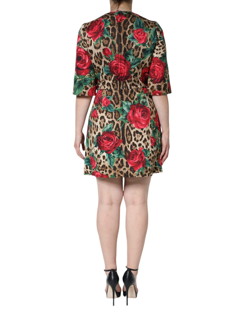 Brown Leopard Red Roses Cotton A-line Dress Dolce & Gabbana