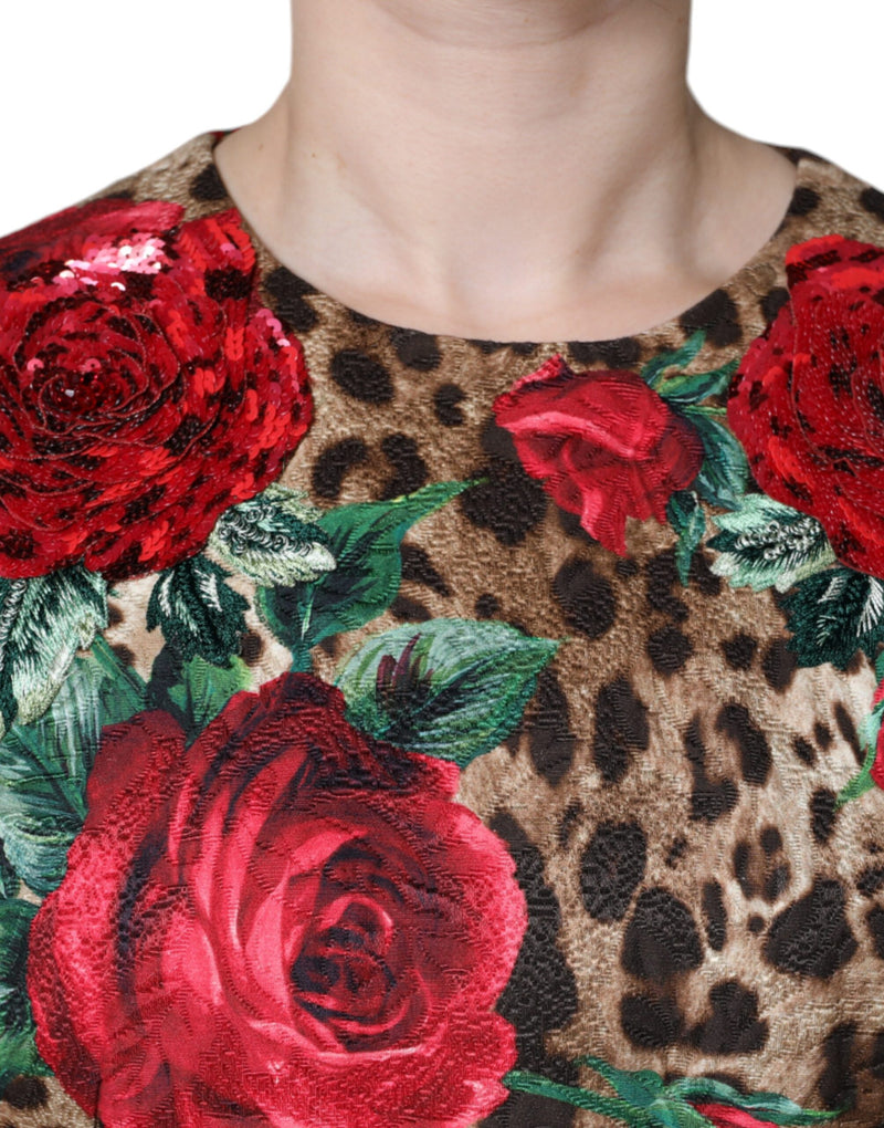 Brown Leopard Red Roses Cotton A-line Dress Dolce & Gabbana